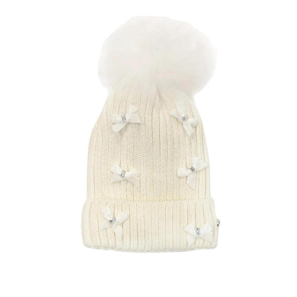 NEW BARI LYNN girl's velour bows winter hat in ivory